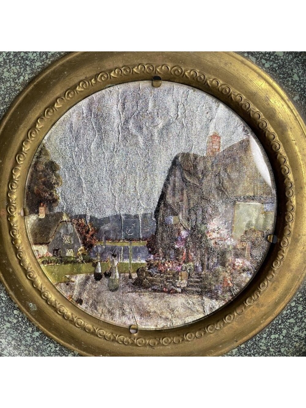 Antique - Vintage England Foil Plate Scene Brass Wall Dish Hanging Decor